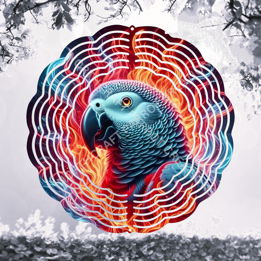 African Grey in Flames 8" or 10" Wind Spinner