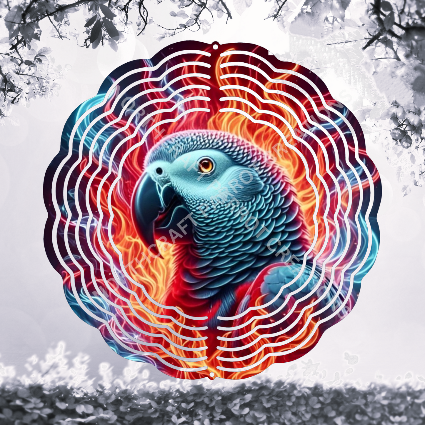 African Grey in Flames 8" or 10" Wind Spinner