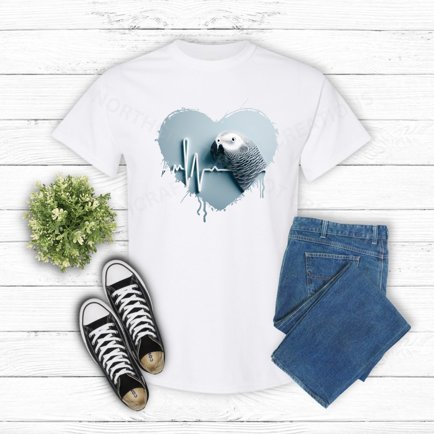 African Grey (Congo) in heart with heartbeat line 100% Cotton Shirt