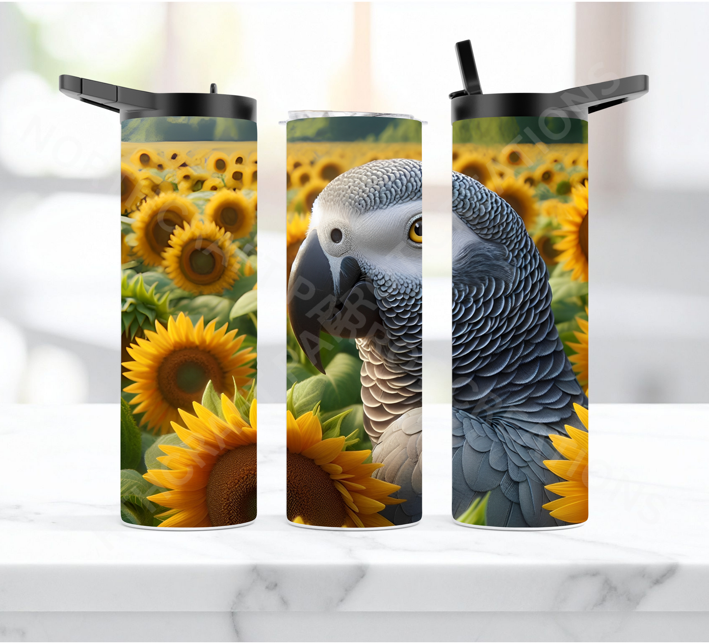 African Grey in Sunflower Patch 20oz or 30oz Duo-lid Tumbler