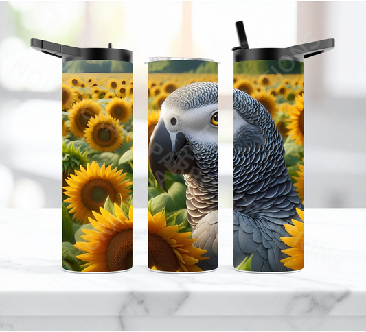 African Grey in Sunflower Patch 20oz or 30oz Duo-lid Tumbler