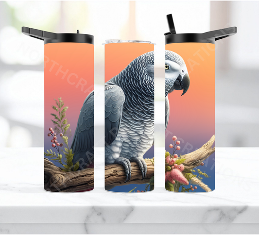African Grey on Branch Ombre Background 20oz or 30oz Duo-lid Tumbler