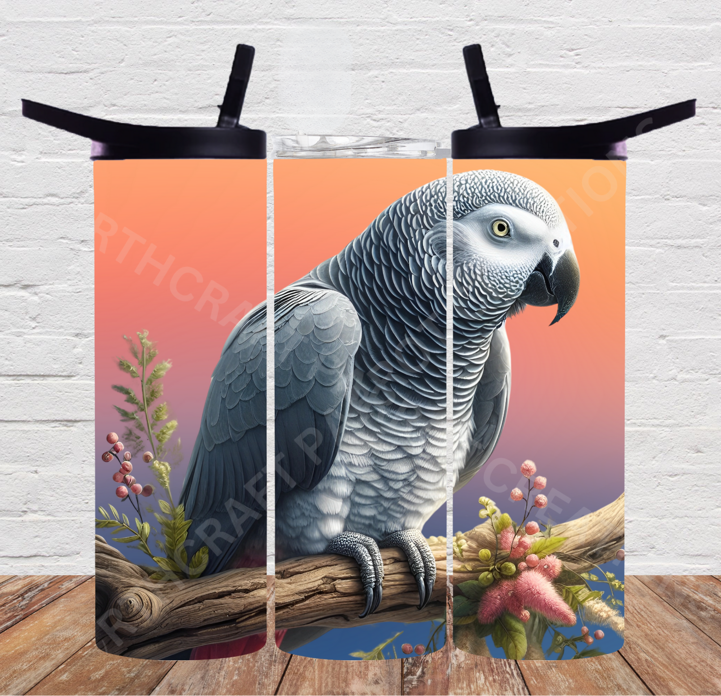 African Grey on Branch Ombre Background 20oz or 30oz Duo-lid Tumbler