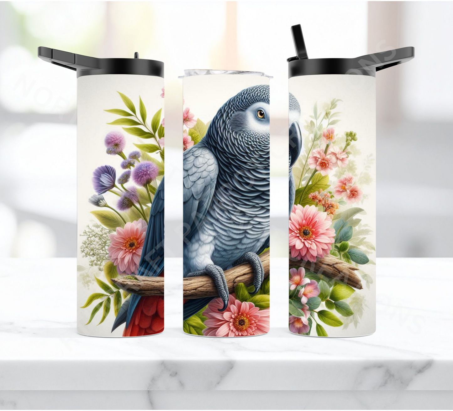 African Grey on Branch with Flowers 20oz or 30oz Duo-lid Tumbler