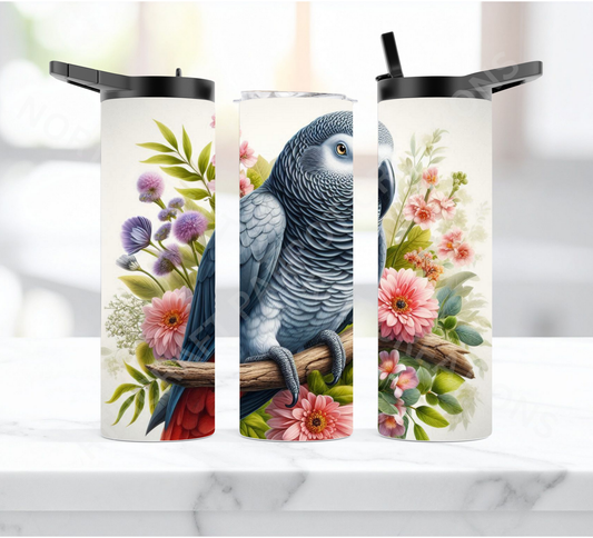 African Grey on Branch with Flowers 20oz or 30oz Duo-lid Tumbler