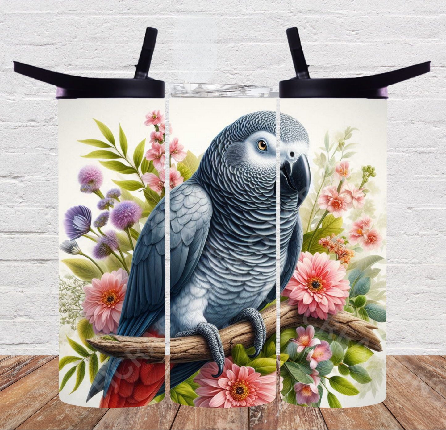African Grey on Branch with Flowers 20oz or 30oz Duo-lid Tumbler