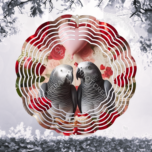 African Grey Pair Balloons and Roses 8" or 10" Wind Spinner