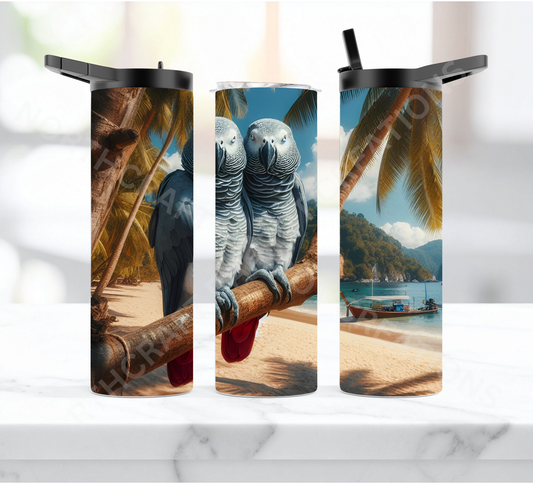 African Grey Pair on Beach 20oz or 30oz Duo-lid Tumbler