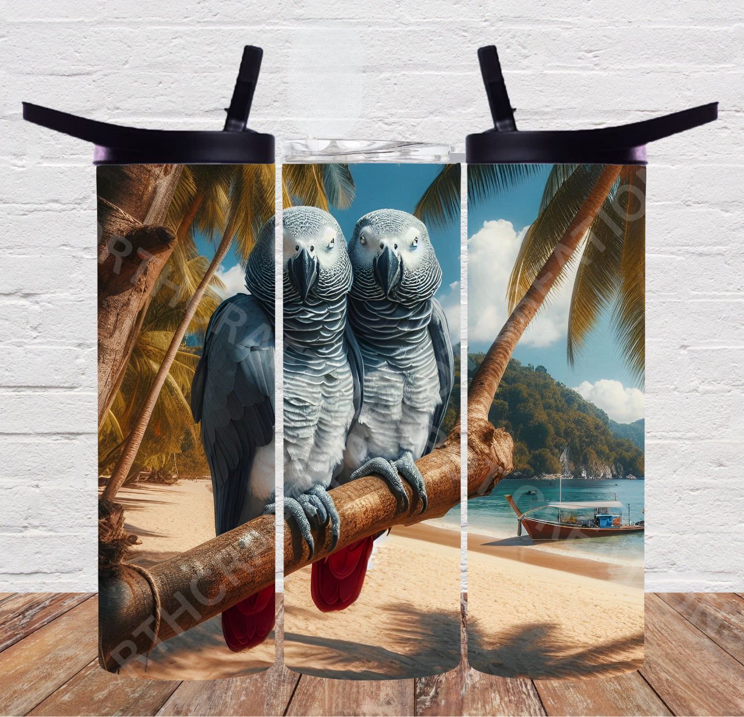 African Grey Pair on Beach 20oz or 30oz Duo-lid Tumbler
