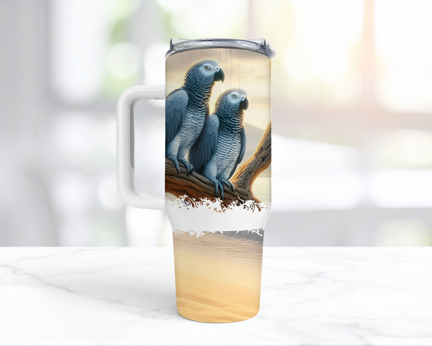 African Grey Pair on Branch with Boat 40oz Tumbler