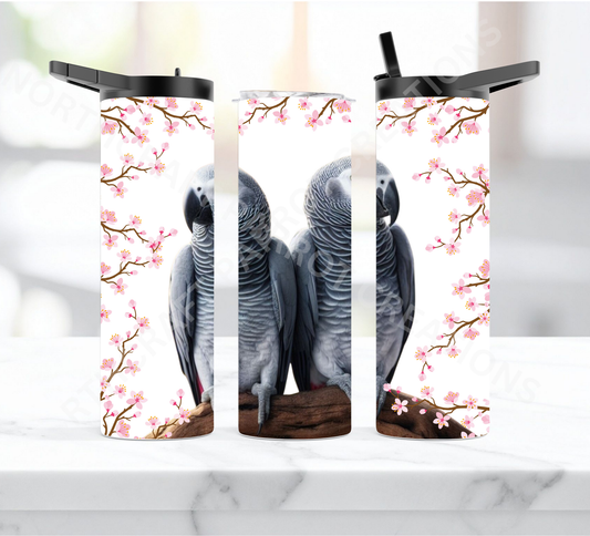 African Grey Pair with Pink Flower Edge 20oz or 30oz Duo-lid Tumbler