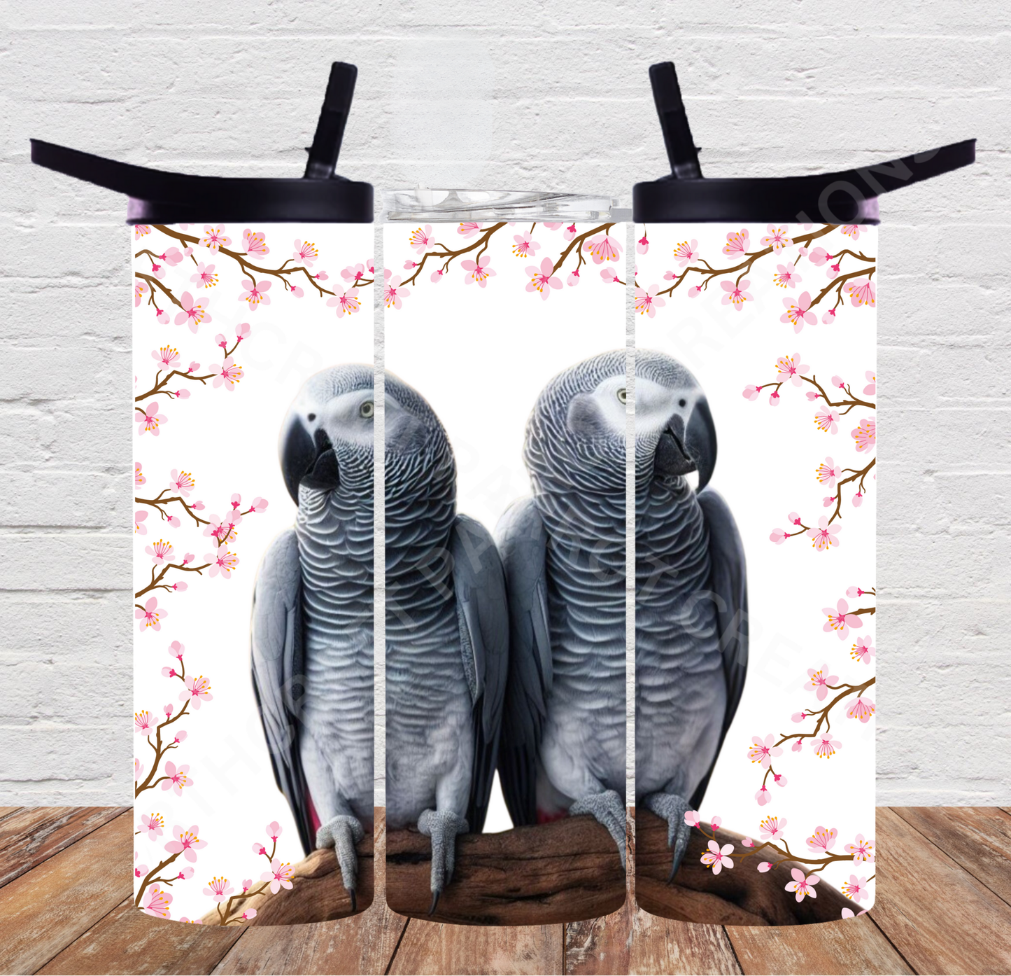 African Grey Pair with Pink Flower Edge 20oz or 30oz Duo-lid Tumbler