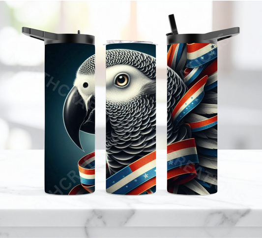 African Grey Red White Blue Patriotic Ribbon 20oz or 30oz Duo-lid Tumbler