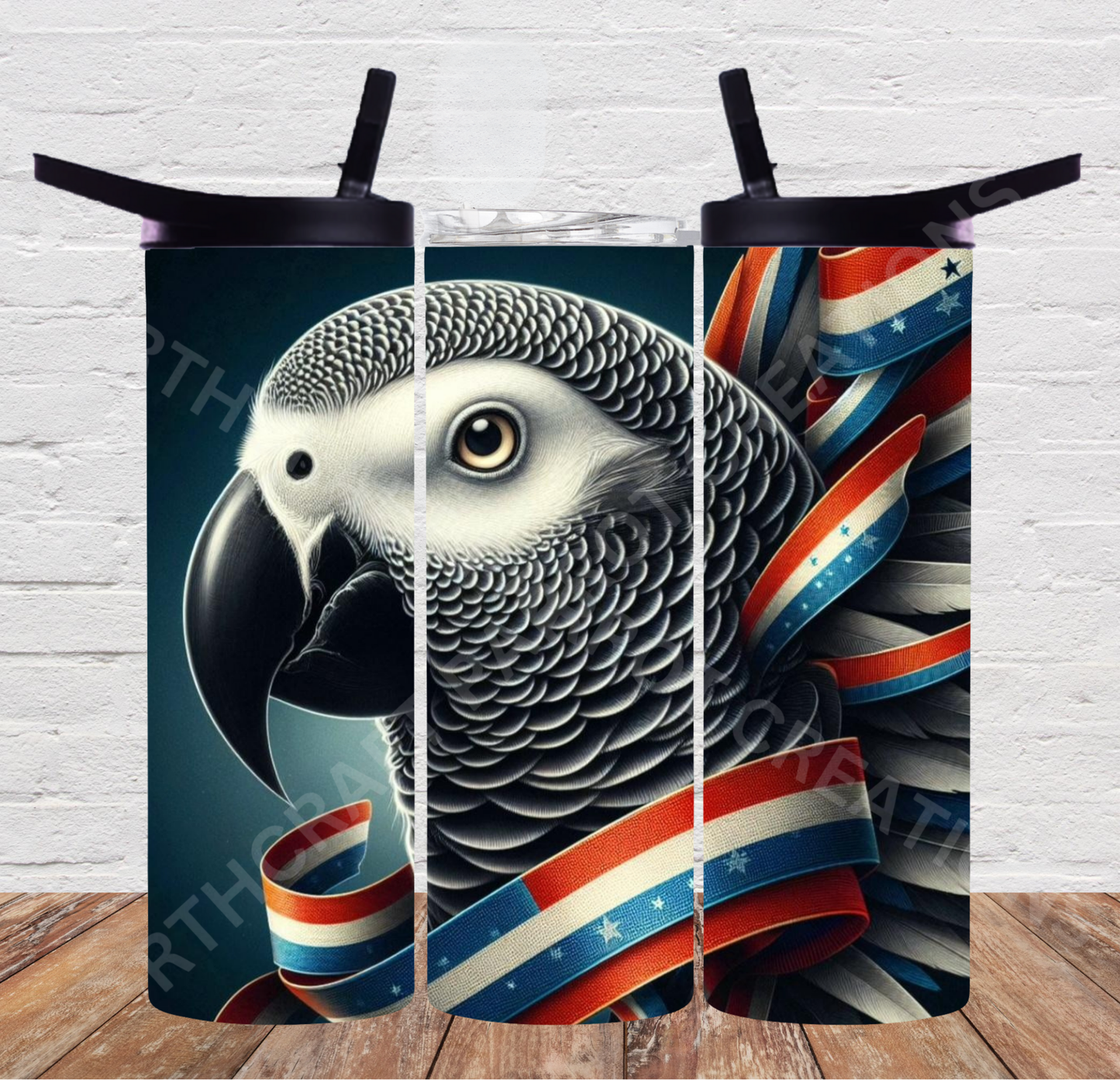 African Grey Red White Blue Patriotic Ribbon 20oz or 30oz Duo-lid Tumbler