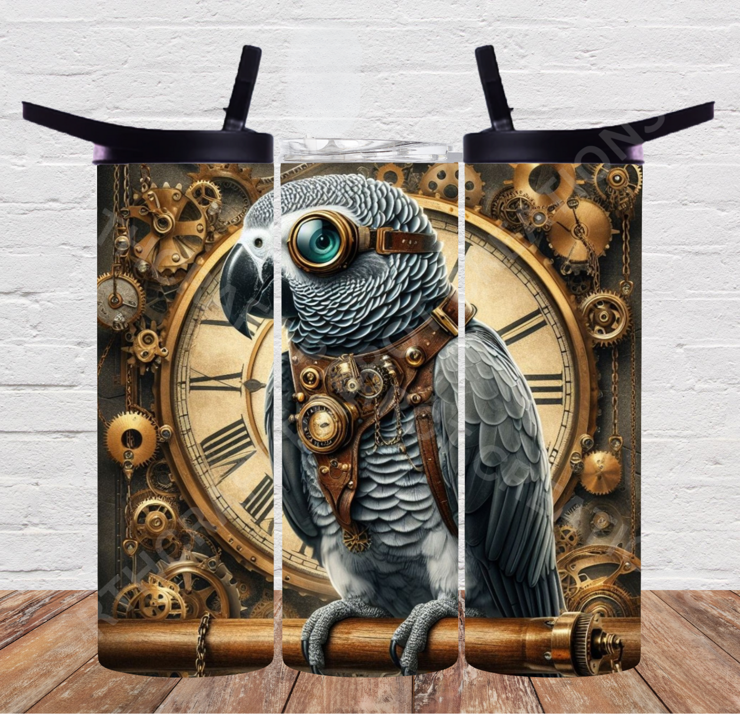 African Grey in a Steampunk Theme 20oz or 30oz Duo-lid Tumbler