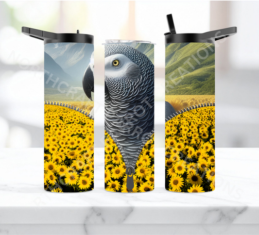 African Grey Zippered Sunflower Patch 20oz or 30oz Duo-lid Tumbler