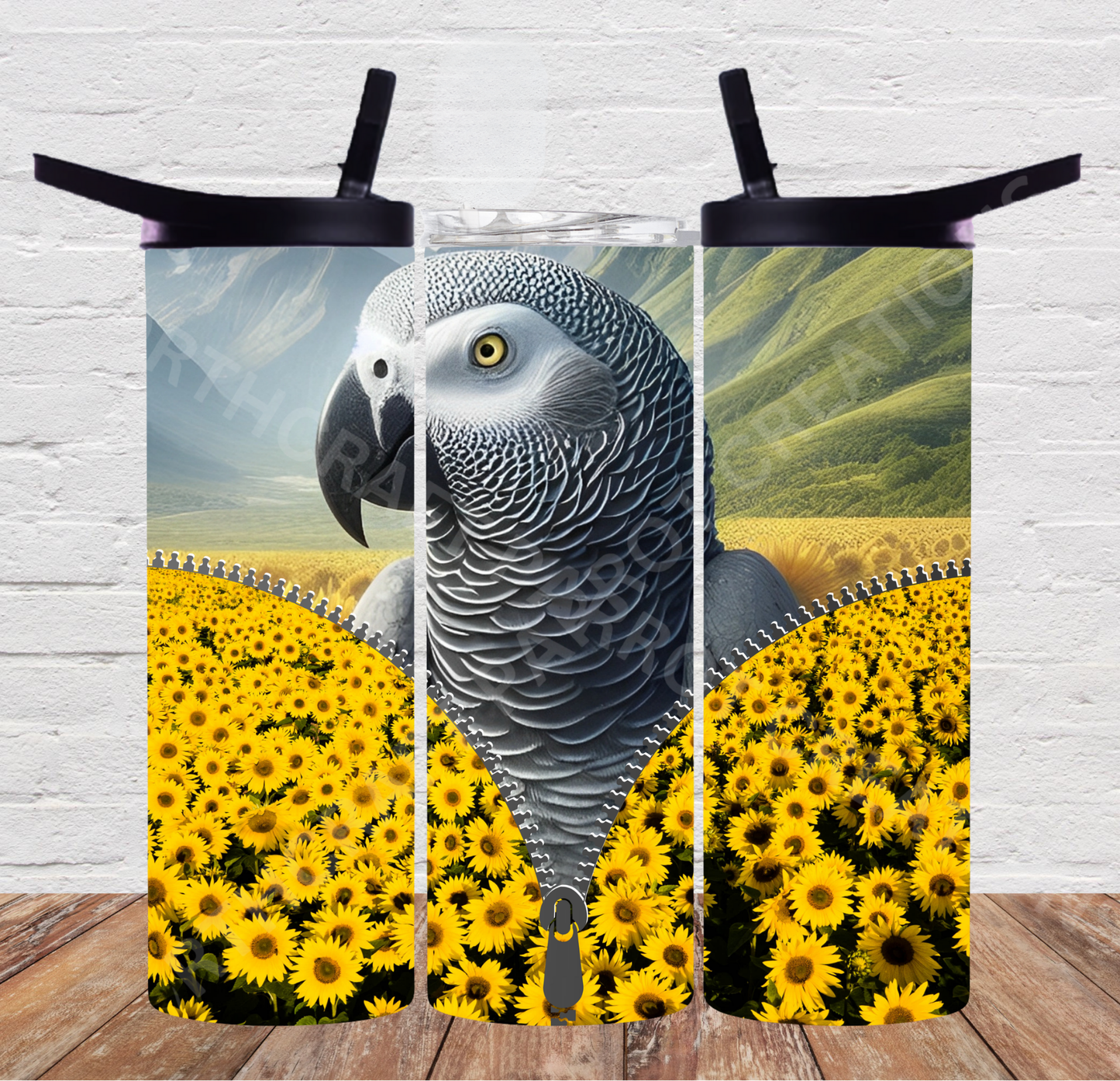 African Grey Zippered Sunflower Patch 20oz or 30oz Duo-lid Tumbler