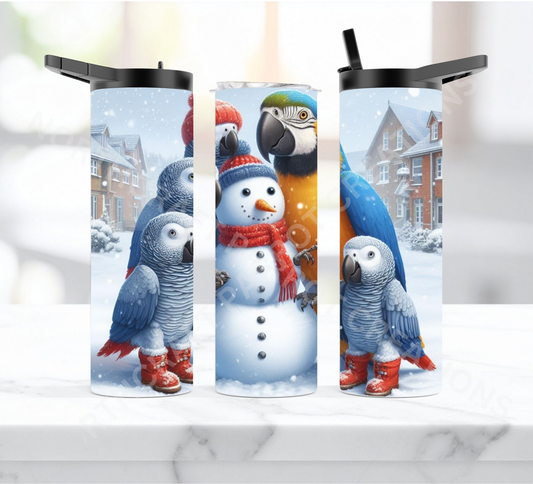 African Greys with Blue & Gold Macaw Making a Snowman 20oz or 30oz Duo-lid Tumbler