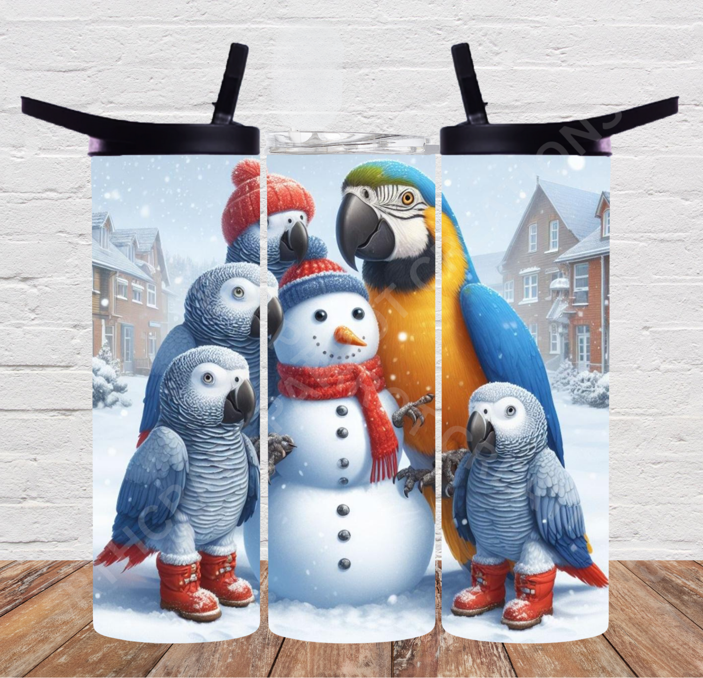 African Greys with Blue & Gold Macaw Making a Snowman 20oz or 30oz Duo-lid Tumbler