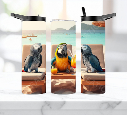African Greys and Blue & Gold Macaw Enjoying the Beach 20oz or 30oz Duo-lid Tumbler