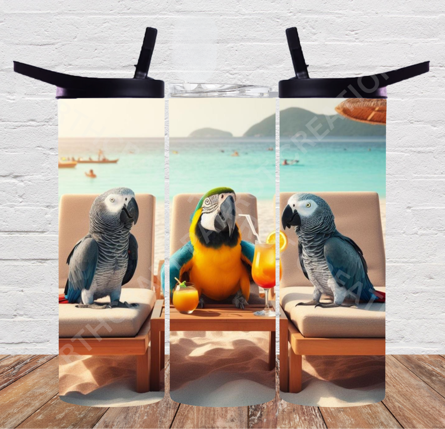 African Greys and Blue & Gold Macaw Enjoying the Beach 20oz or 30oz Duo-lid Tumbler