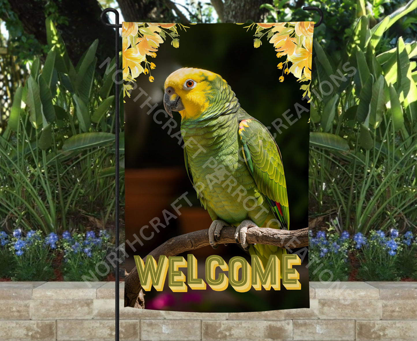 Amazon (Yellow Headed) with Yellow Flowers Welcome Garden Flag