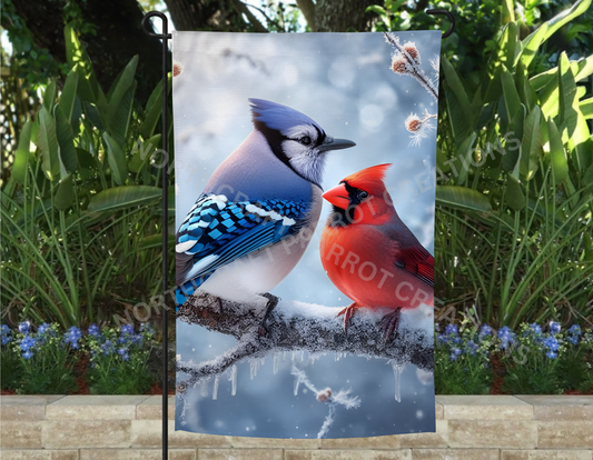 Blue Jay and Cardinal on branch Garden Flag