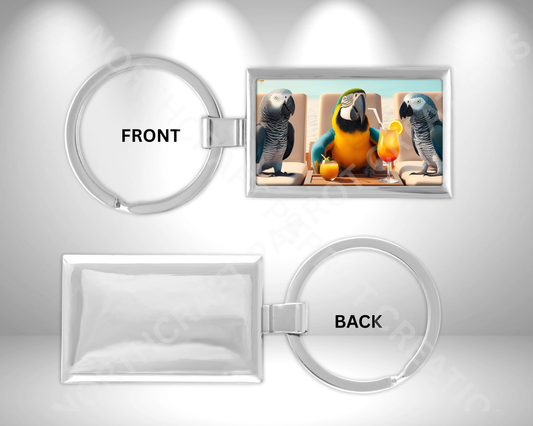 Blue & Gold Macaw with African Grey Pair on Beach Rectangle Metal Keychain