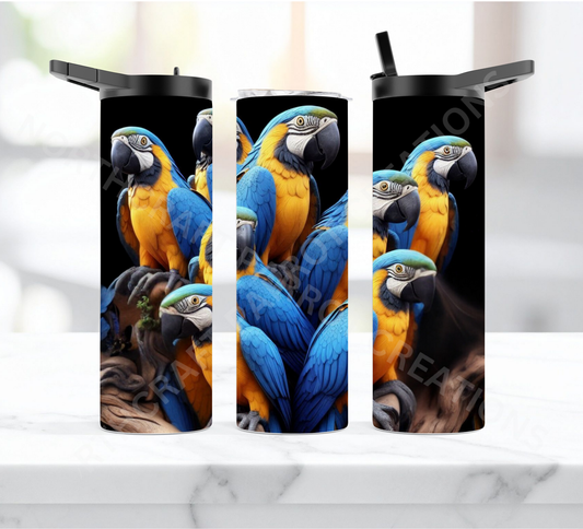 Blue and Gold Macaw Flock on Black Background 20oz or 30oz Duo-lid Tumbler