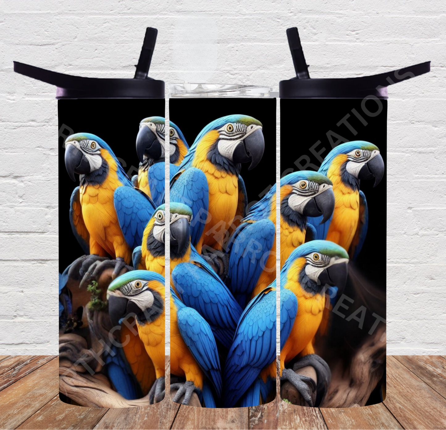Blue and Gold Macaw Flock on Black Background 20oz or 30oz Duo-lid Tumbler