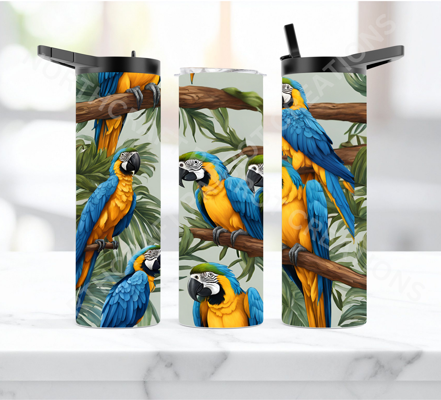 Blue and Gold Macaw Flock on Branches 20oz or 30oz Duo-lid Tumbler