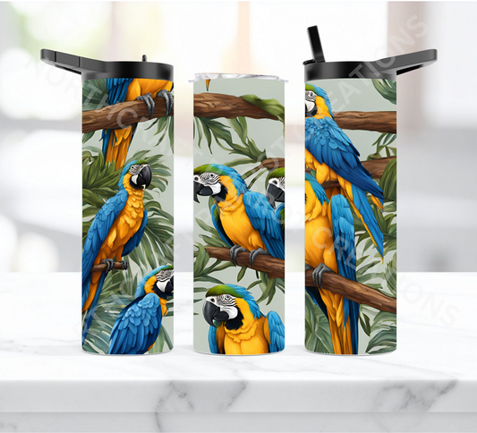 Blue and Gold Macaw Flock on Branches 20oz or 30oz Duo-lid Tumbler