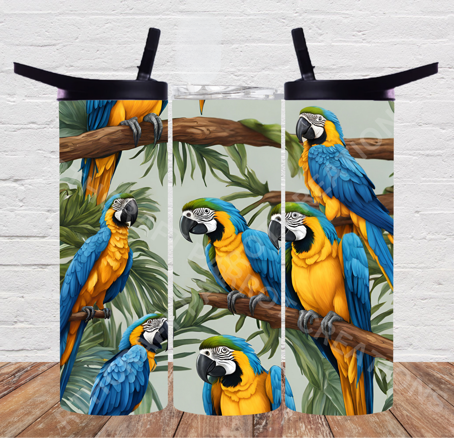 Blue and Gold Macaw Flock on Branches 20oz or 30oz Duo-lid Tumbler