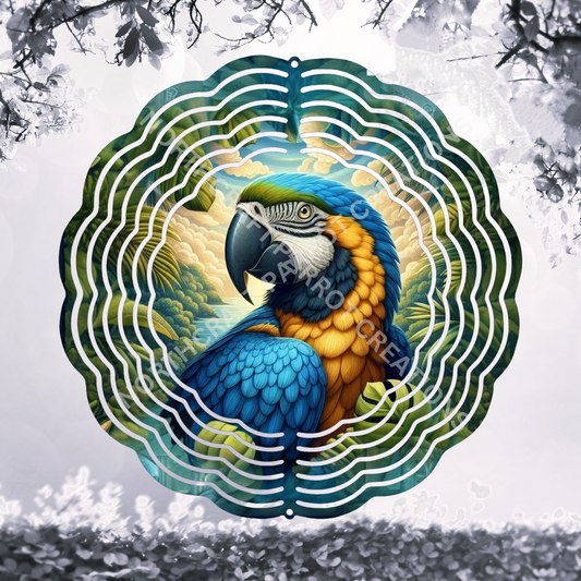 Blue and Gold Macaw in a Tropical Scene 8" or 10" Wind Spinner