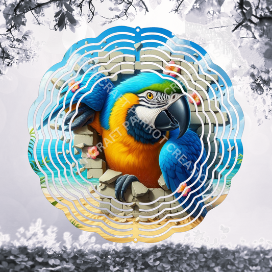 Blue and Gold Macaw Breaking Through Beach Wall 8" or 10" Wind Spinner