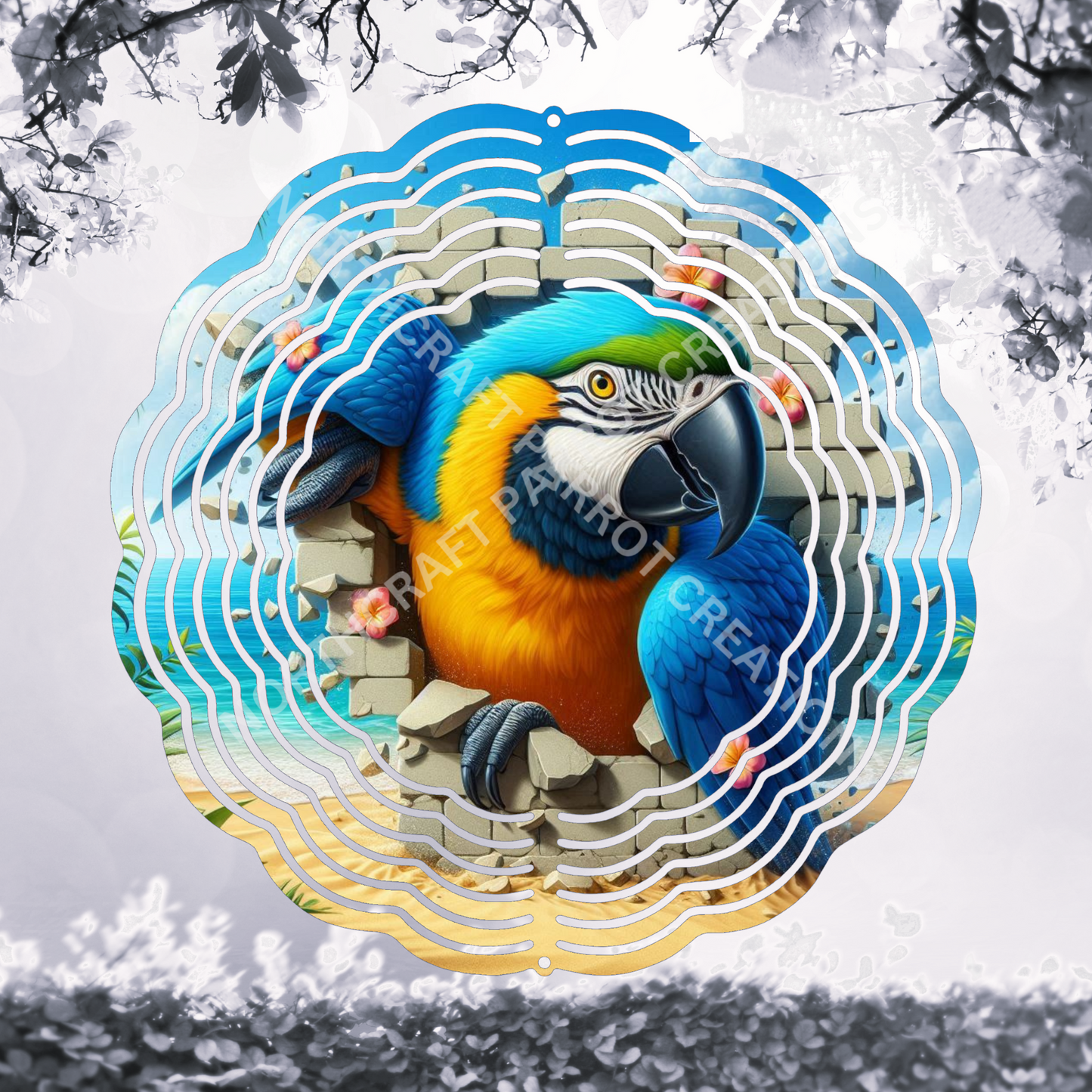 Blue and Gold Macaw Breaking Through Beach Wall 8" or 10" Wind Spinner