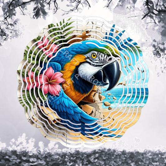 Blue and Gold Macaw Breaking Through Flowered Wall 8" or 10" Wind Spinner