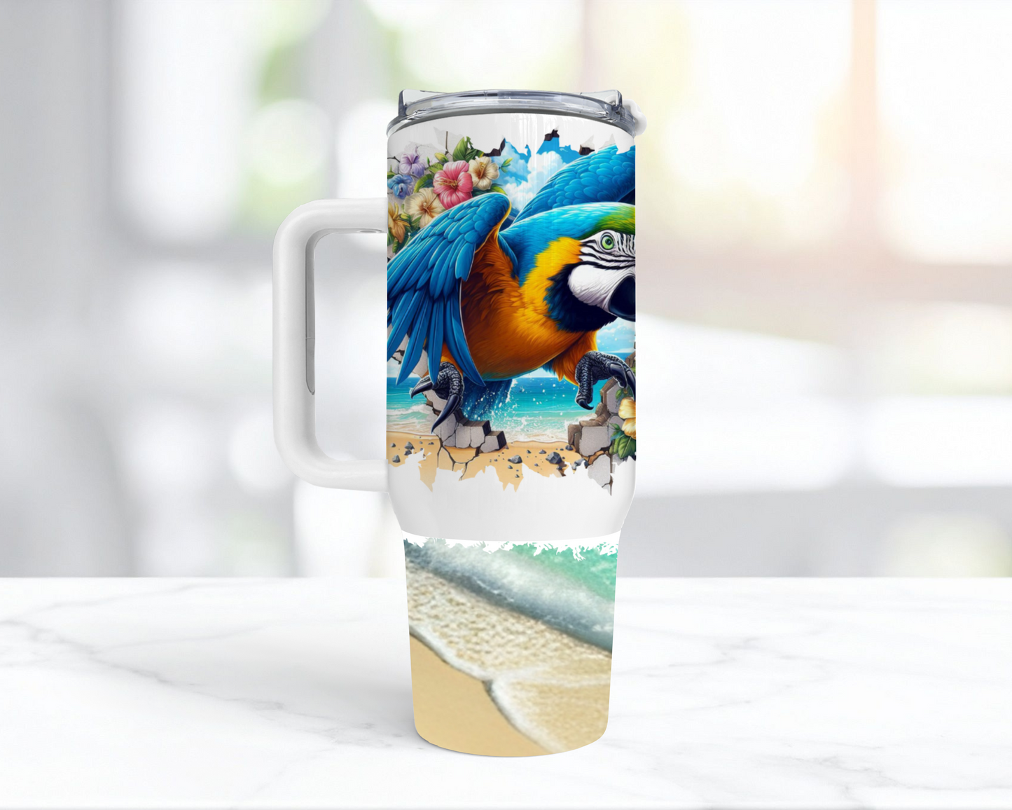 Blue and Gold Macaw Breaking through a Wall 40oz Tumbler