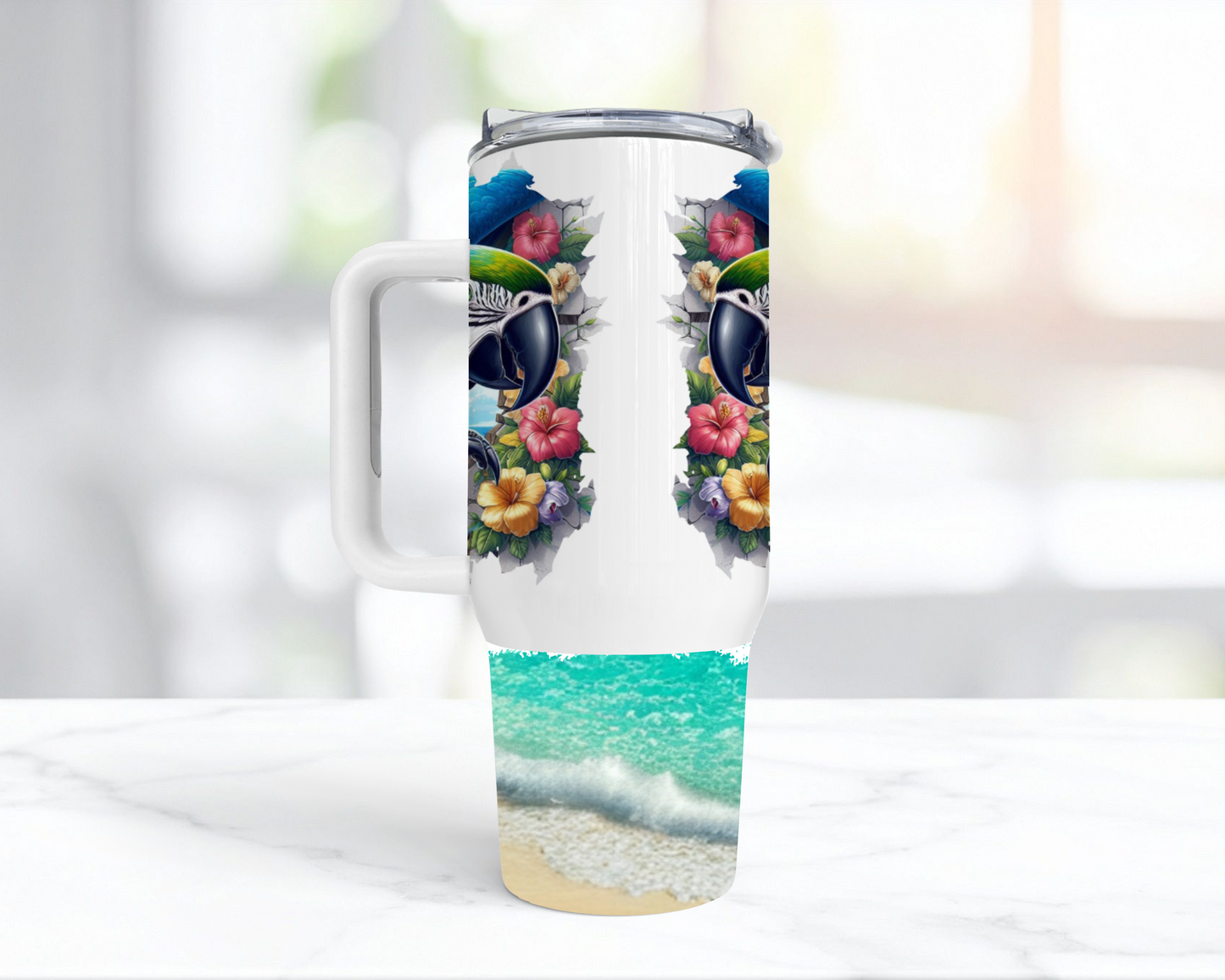 Blue and Gold Macaw Breaking through a Wall 40oz Tumbler