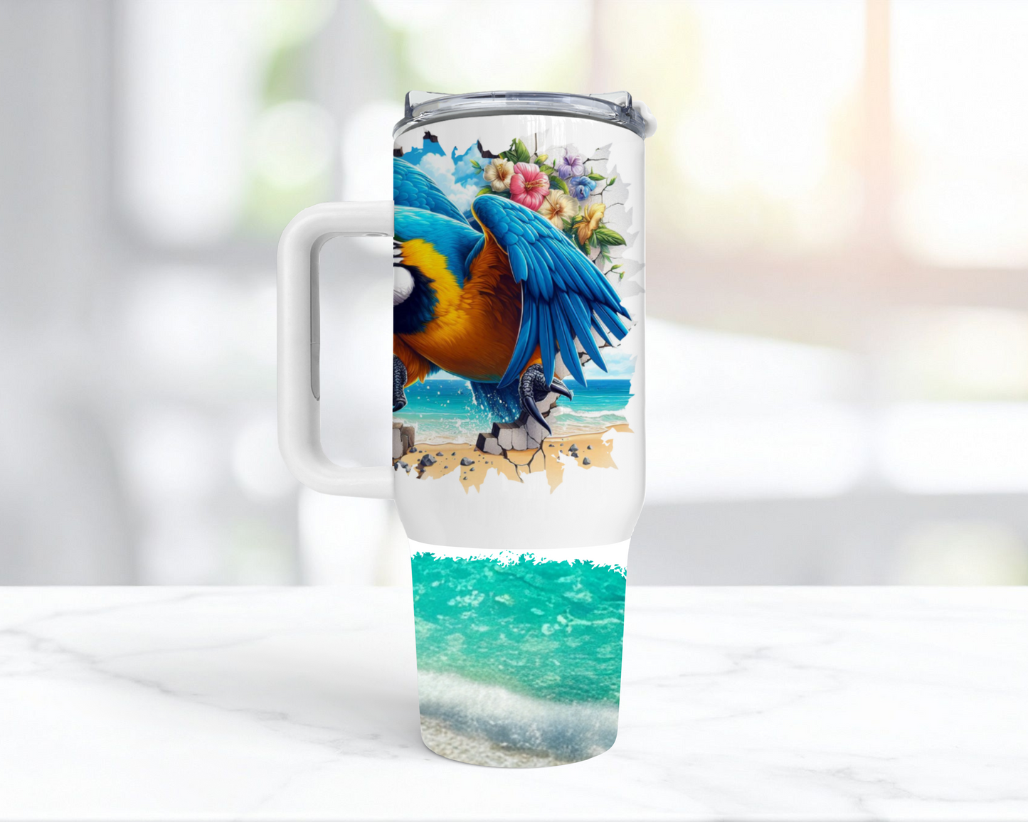 Blue and Gold Macaw Breaking through a Wall 40oz Tumbler