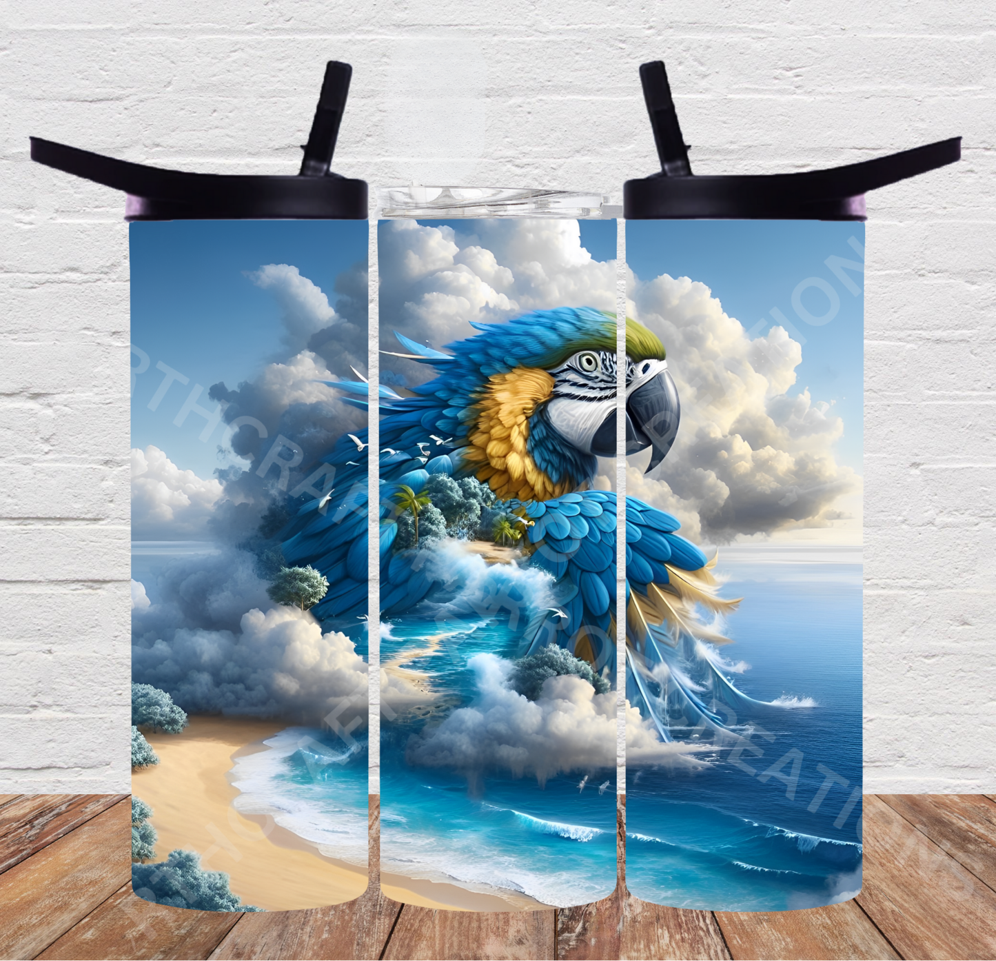 Blue & Gold Macaw Emerging from Ocean and Clouds