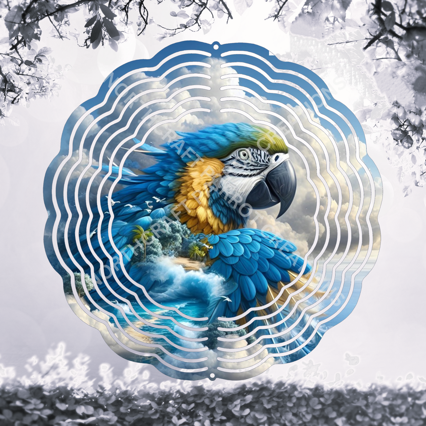 Blue and Gold Macaw Emerging from Ocean and Clouds 8" or 10" Wind Spinner