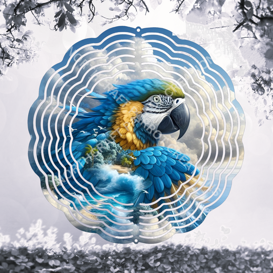 Blue and Gold Macaw Emerging from Ocean and Clouds 8" or 10" Wind Spinner