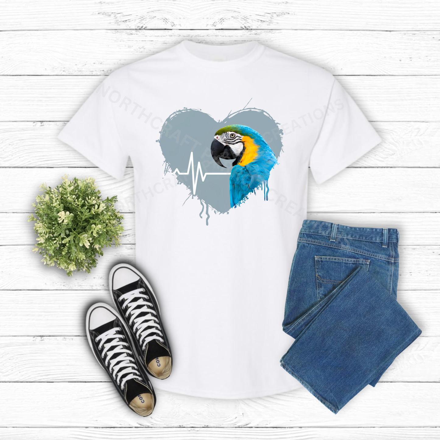 Blue and Gold Macaw in Heart with Heartbeat Line 100% Cotton Parrot Shirt