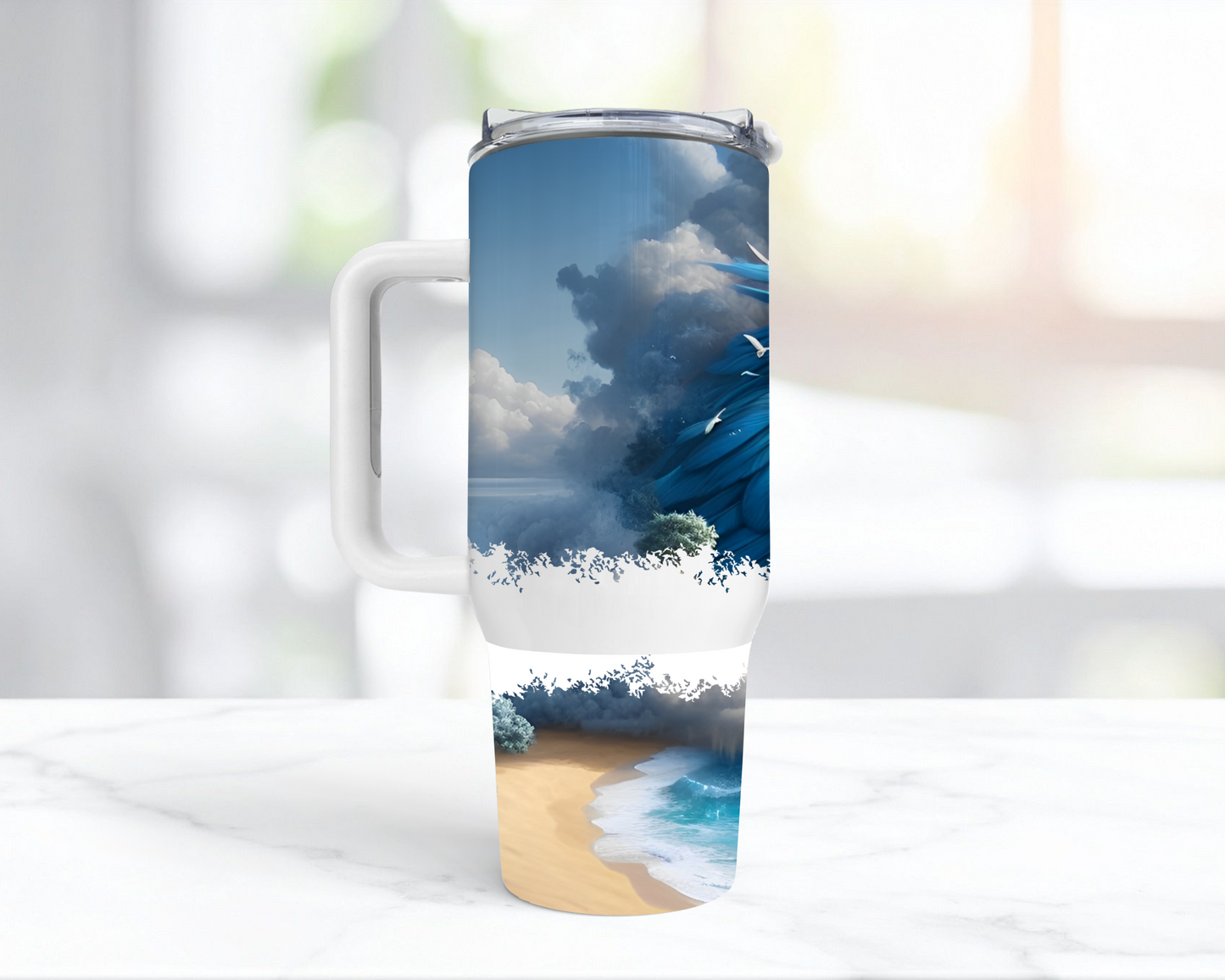 Blue and Gold Macaw Merging in to Ocean and Clouds 40oz Tumbler