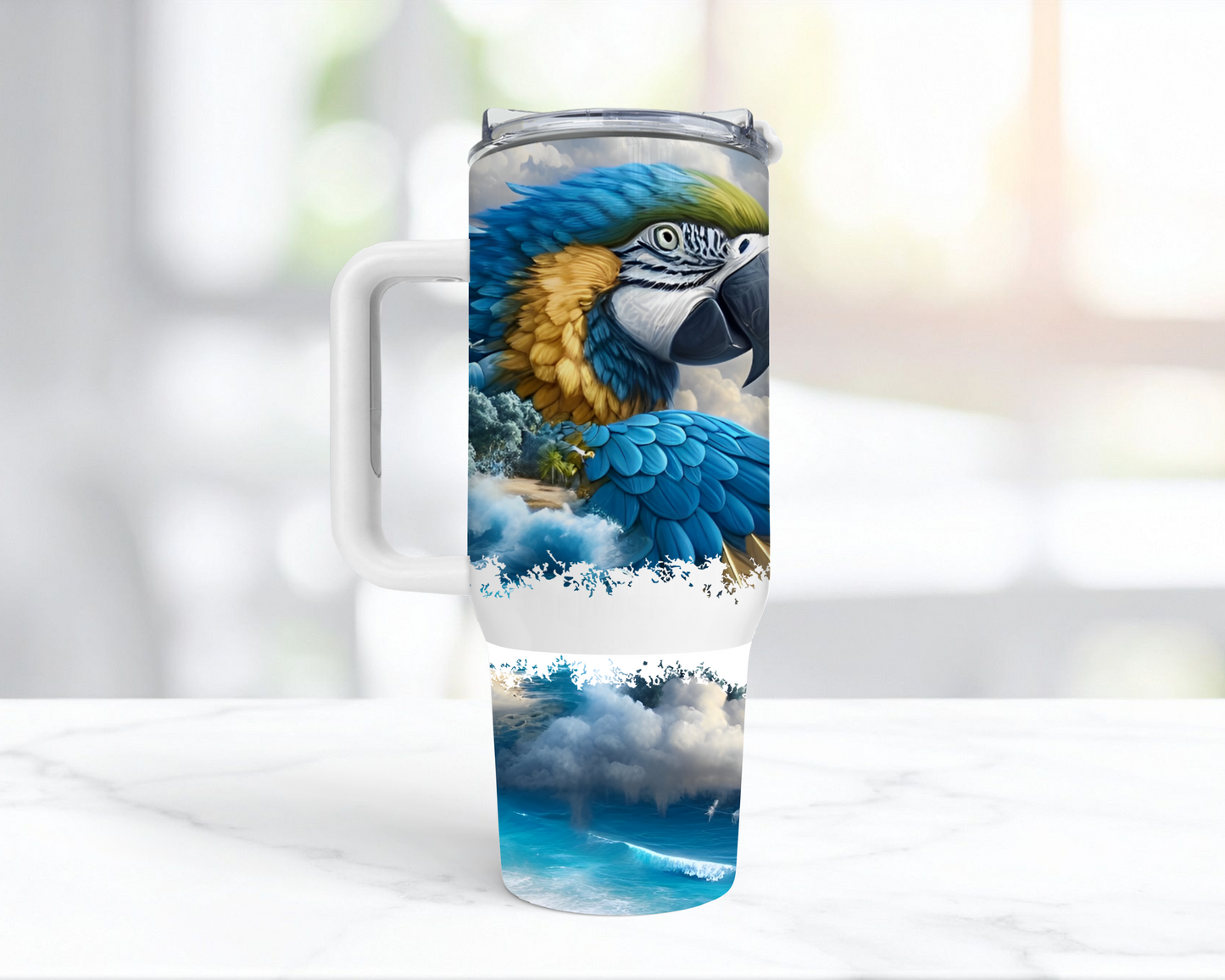 Blue and Gold Macaw Merging in to Ocean and Clouds 40oz Tumbler