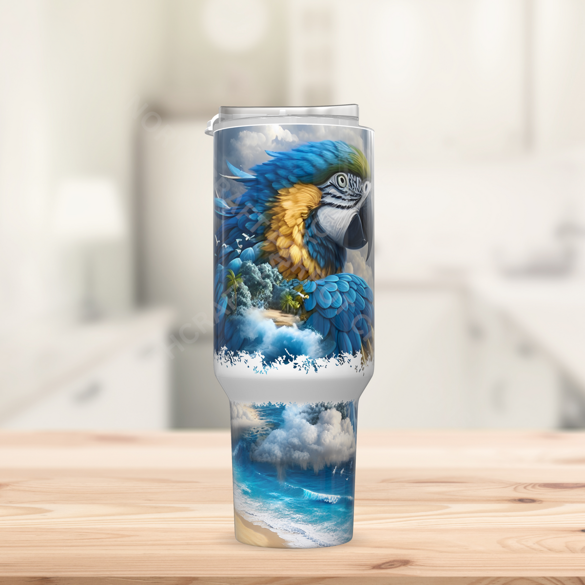 Blue and Gold Macaw Merging in to Ocean and Clouds 40oz Stainless Steel Tumbler