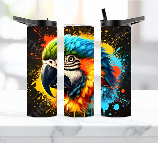 Blue & Gold Macaw Paint Splatter Black Background 20oz or 30oz Tumbler