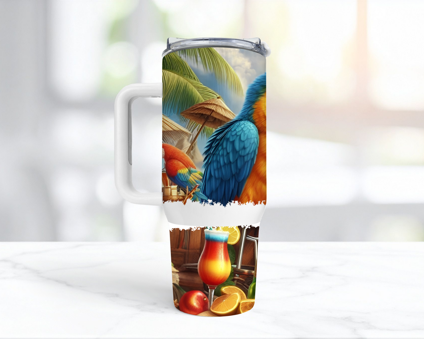 Blue and Gold Macaw Pair Sitting at Tiki Bar 40oz Tumbler