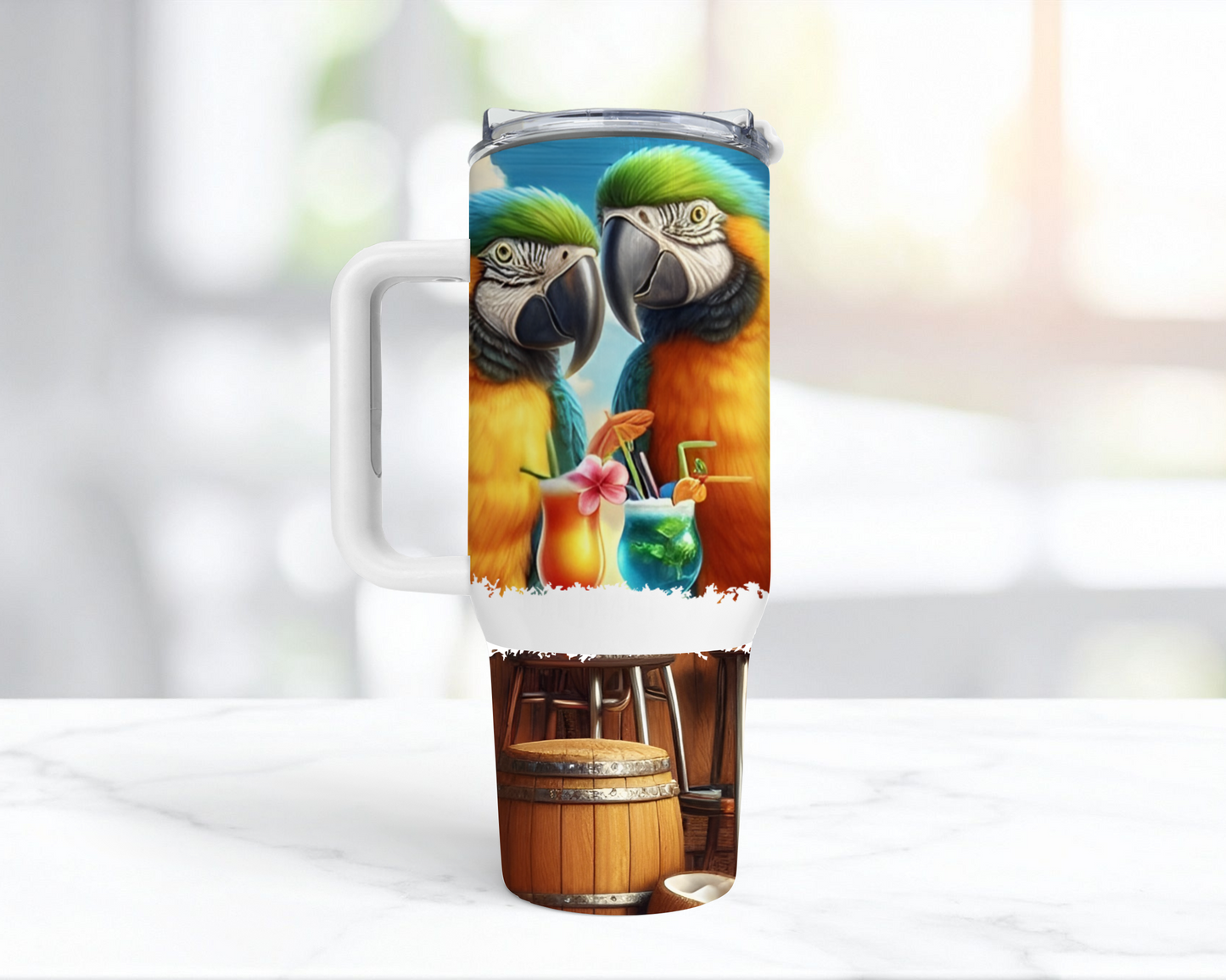Blue and Gold Macaw Pair Sitting at Tiki Bar 40oz Tumbler